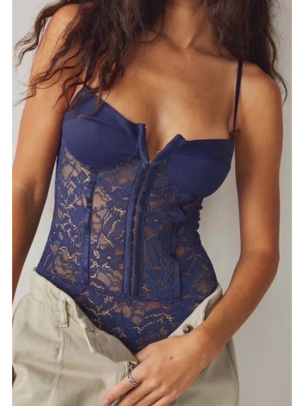 NWOT Navy Blue Free People Lace Corset Bodysuit Size Small